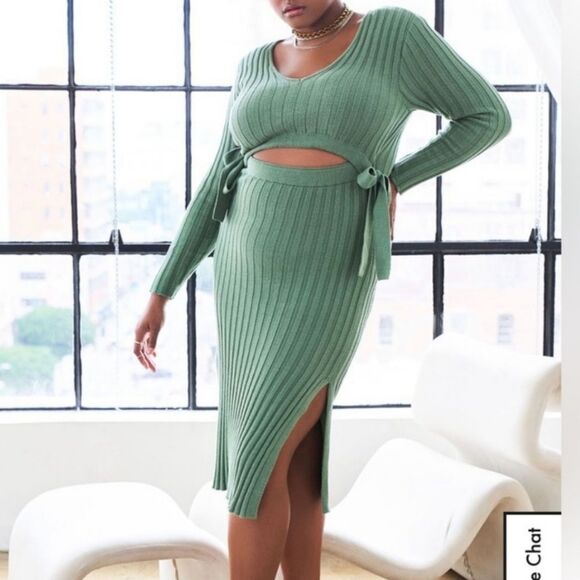 ELOQUII Green Contemporary Ribbed Long Sleeve Cut Out Midi Length Dress 18/20 - Picture 1 of 6